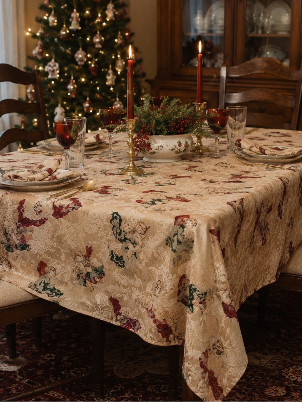 Vintage Christmas Cherub Tablecloth 50x100 Holiday TableCover Victorian Decor